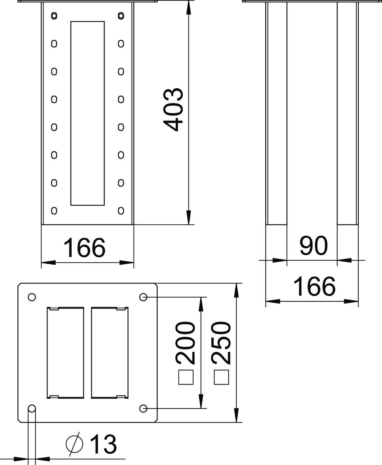Technische Zeichnung eines rechteckigen Metallrahmens mit Abmessungen: 403 mm Länge, 166 mm Breite, seitliche Ansichten mit 90 mm und 13 mm Bohrung.