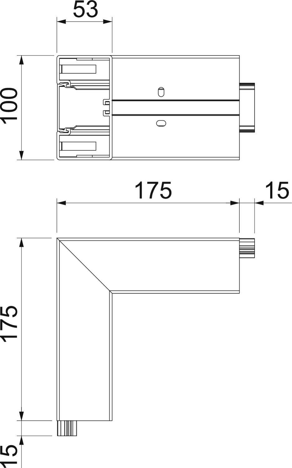 Technische Zeichnung eines L-förmigen Profils mit Maßen: 175 mm Länge, 100 mm Höhe, 53 mm Breite, 15 mm Tiefe an Enden.