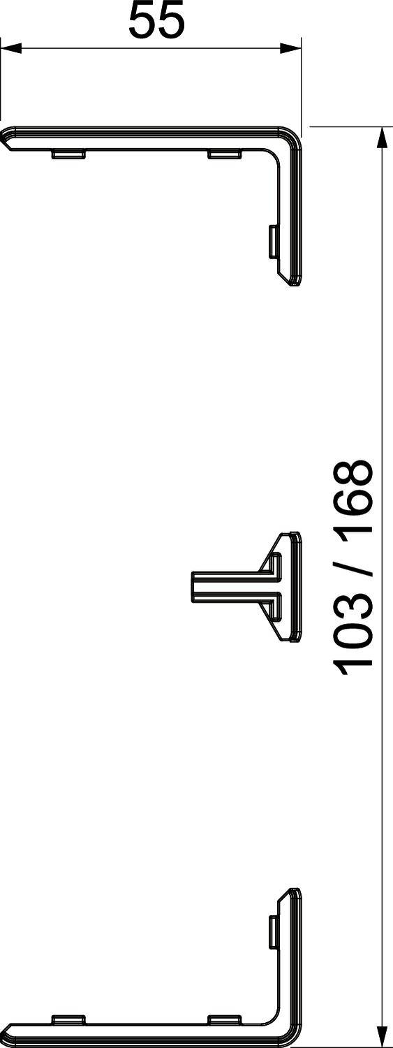 Technische Zeichnung eines Winkels mit zwei Seiten. Maße: Breite 55 mm, Höhe 103/168 mm. Zeigt die Struktur und Dimensionen.
