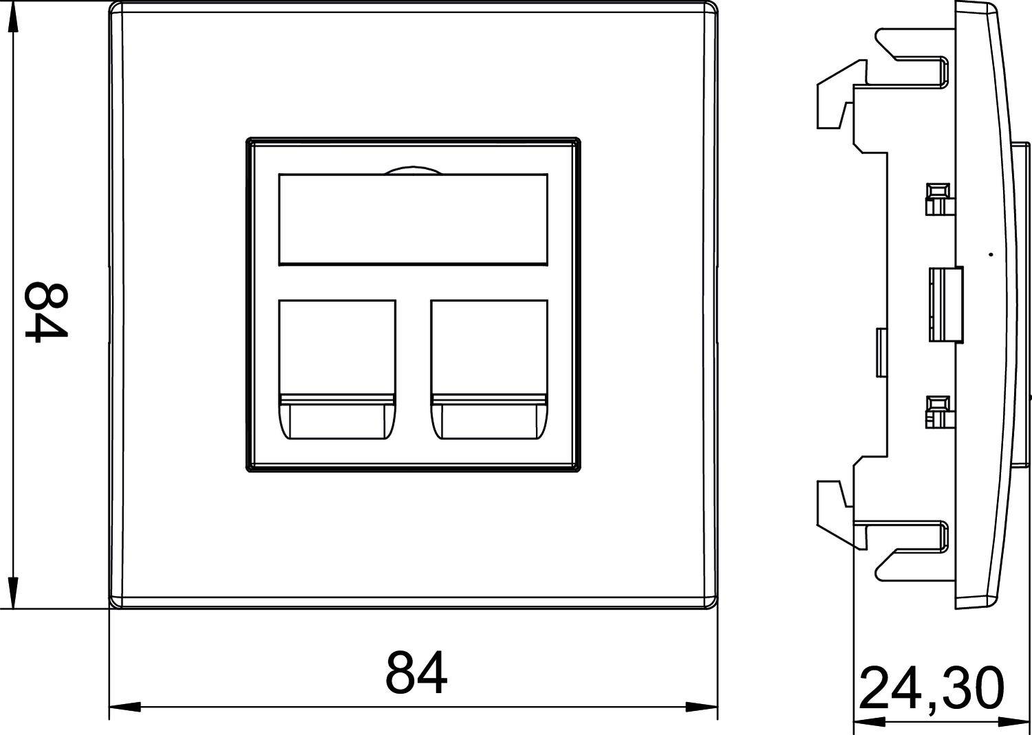 Technische Zeichnung eines quadratischen Steckdosenmoduls mit zwei Anschlüssen. Maße: 84 x 84 mm in der Frontansicht, 24,30 mm Tiefe.