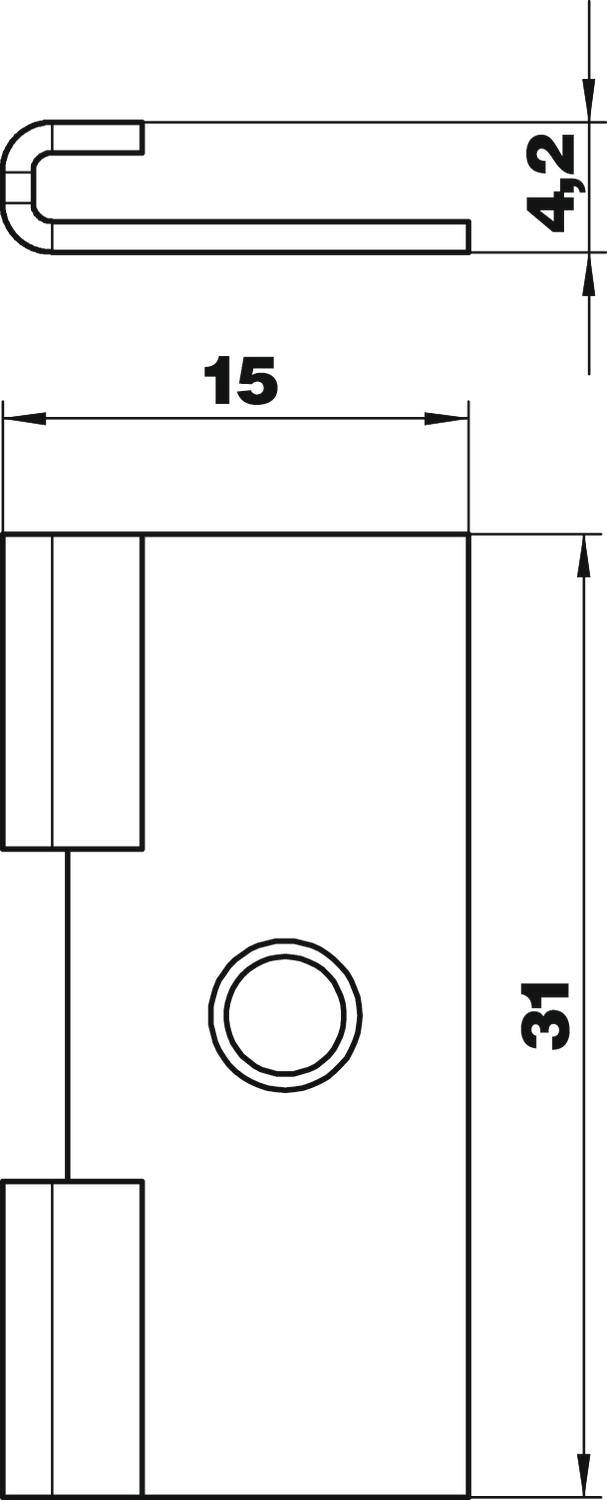 Technische Zeichnung eines Metallclips mit Maßen: Länge 15 mm, Höhe 31 mm, Breite 4,2 mm. Profilansicht zeigt Biegung und Bohrung.