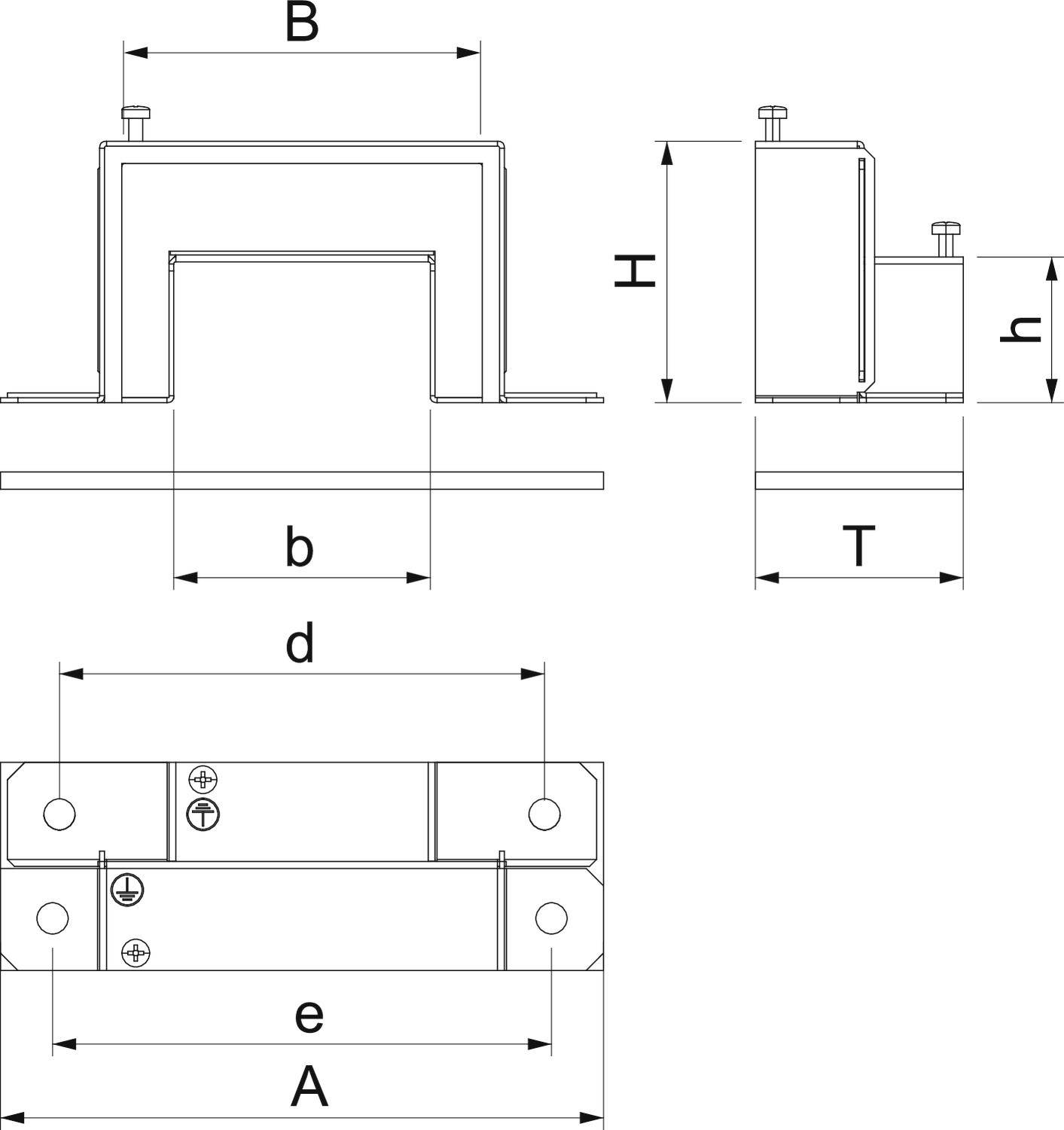 Technische Zeichnung eines rechteckigen Metallhalters mit den Beschriftungen A, B, H, h, b, T, d, e. Zeigt Vorder-, Seiten- und Draufsicht.