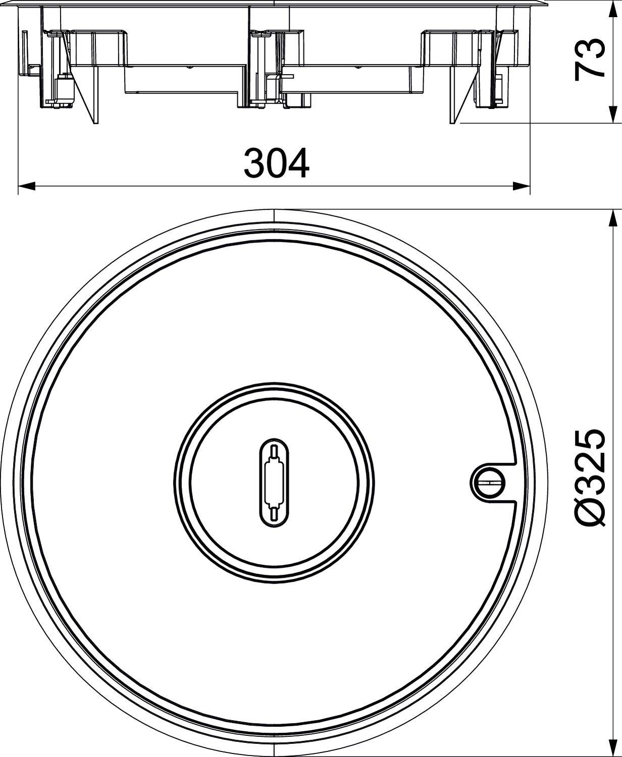Technische Zeichnung eines runden Einbaustrahlers. Durchmesser beträgt 325 mm. Seitenansicht zeigt eine Höhe von 73 mm und Länge von 304 mm.