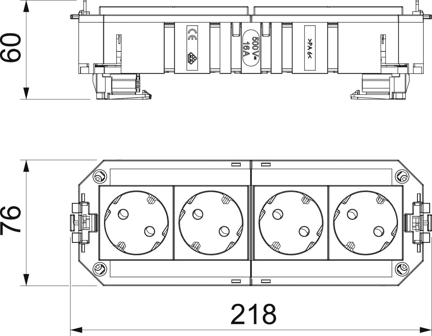 'Technische Zeichnung einer elektrischen Steckdosenleiste mit vier Steckplätzen. Maße: 60 mm Höhe, 76 mm Breite, 218 mm Länge.'