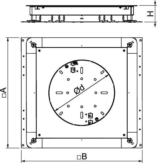 Technische Zeichnung eines quadratischen Metallelements mit zentralem kreisförmigem Ausschnitt, markiert mit Maßen A, B und d.