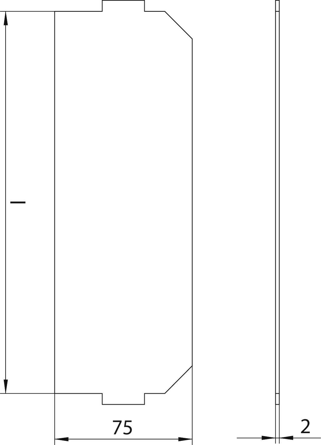 Technische Zeichnung eines Bauteils mit Bemaßung: 75 mm Breite, 2 mm Dicke. Geometrische Form mit abgeschrägten Ecken.