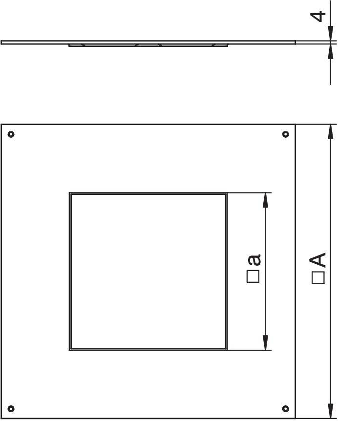 Technische Zeichnung eines quadratischen Elements auf einer größeren Platte, Maße: Platte 'A' x 'A', Element 'a' x 'a', Höhe 4.