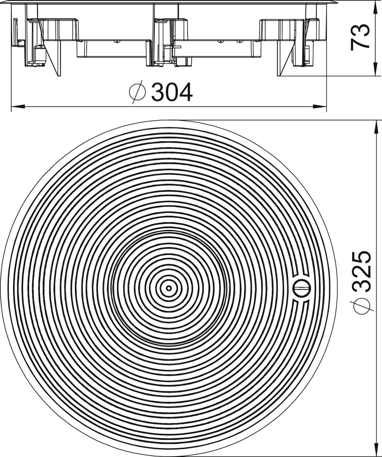 Technische Zeichnung eines runden Lüftungsgitters mit einem Durchmesser von 325 mm und einer Einbautiefe von 73 mm.
