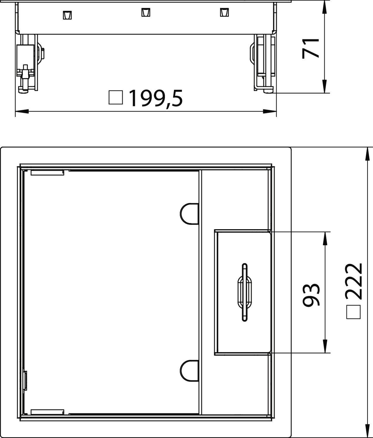 Konstruktionszeichnung eines Kastens aus der Draufsicht und Seitenansicht, mit Maßen: 199,5mm Breite, 222mm Länge, 93mm Höhe.