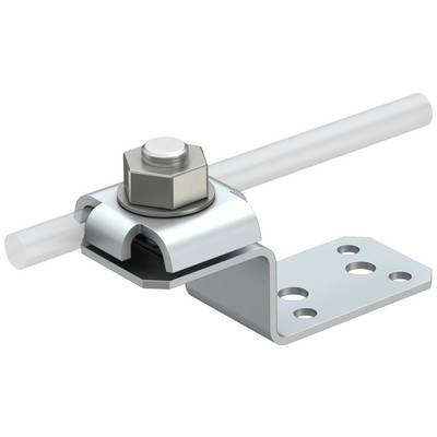 Metallhalterung mit Bolzen und Schelle zur Befestigung eines Rohres, montiert an einer Winkelstütze mit Löchern zur Befestigung.