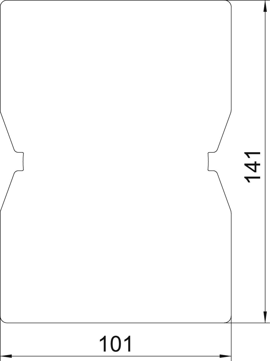 Technische Zeichnung einer rechteckigen Form mit eingeschnittenen Seiten. Die Höhe beträgt 141 mm, die Breite 101 mm.