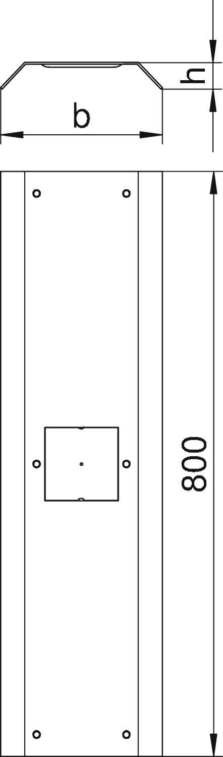 Technische Zeichnung einer rechteckigen Metallplatte mit Mittelausschnitt. Maße: Breite 'b', Höhe 'h', Länge 800 mm.