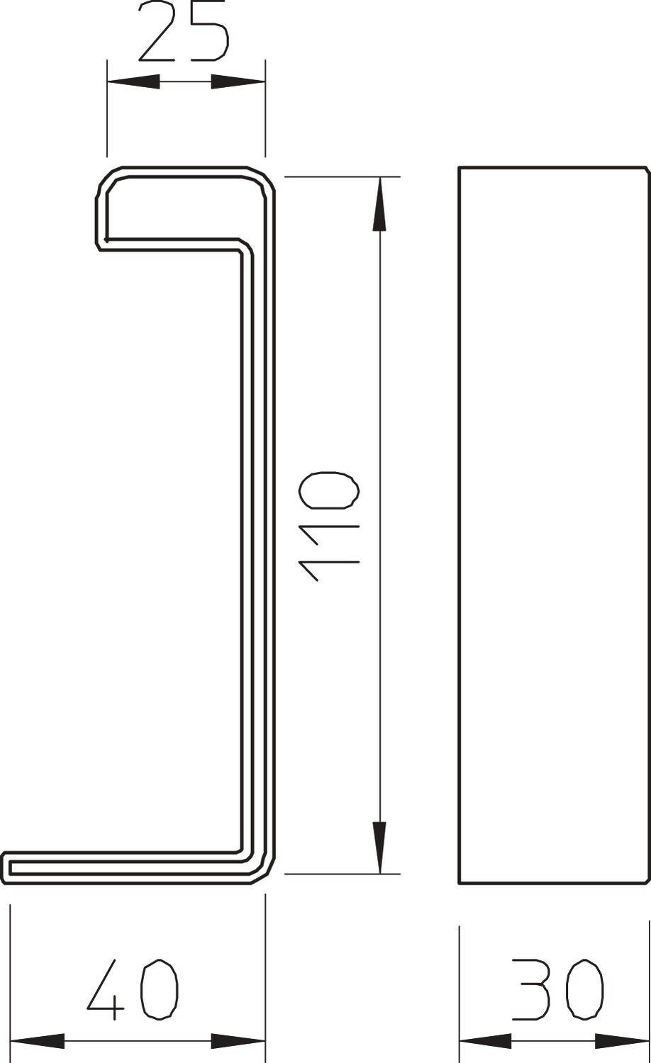 'Technische Zeichnung eines Metallprofils mit U-Form. Maße sind: 25mm, 40mm, Höhe 110mm, Breite 30mm.'