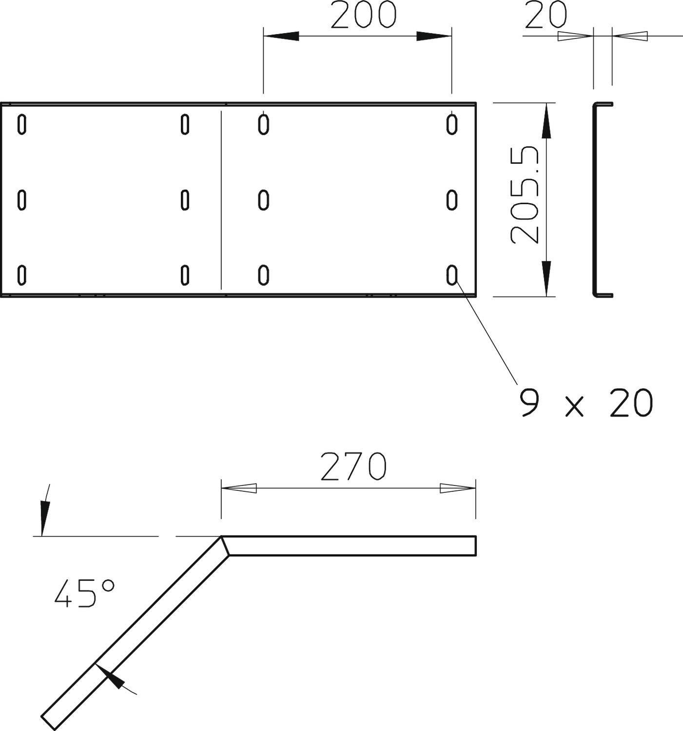Technische Zeichnung eines Winkeleisen: Oben Ansicht zeigt Maße 200 mm x 205,5 mm. Unten Ansicht Winkel von 45 Grad und Länge von 270 mm.