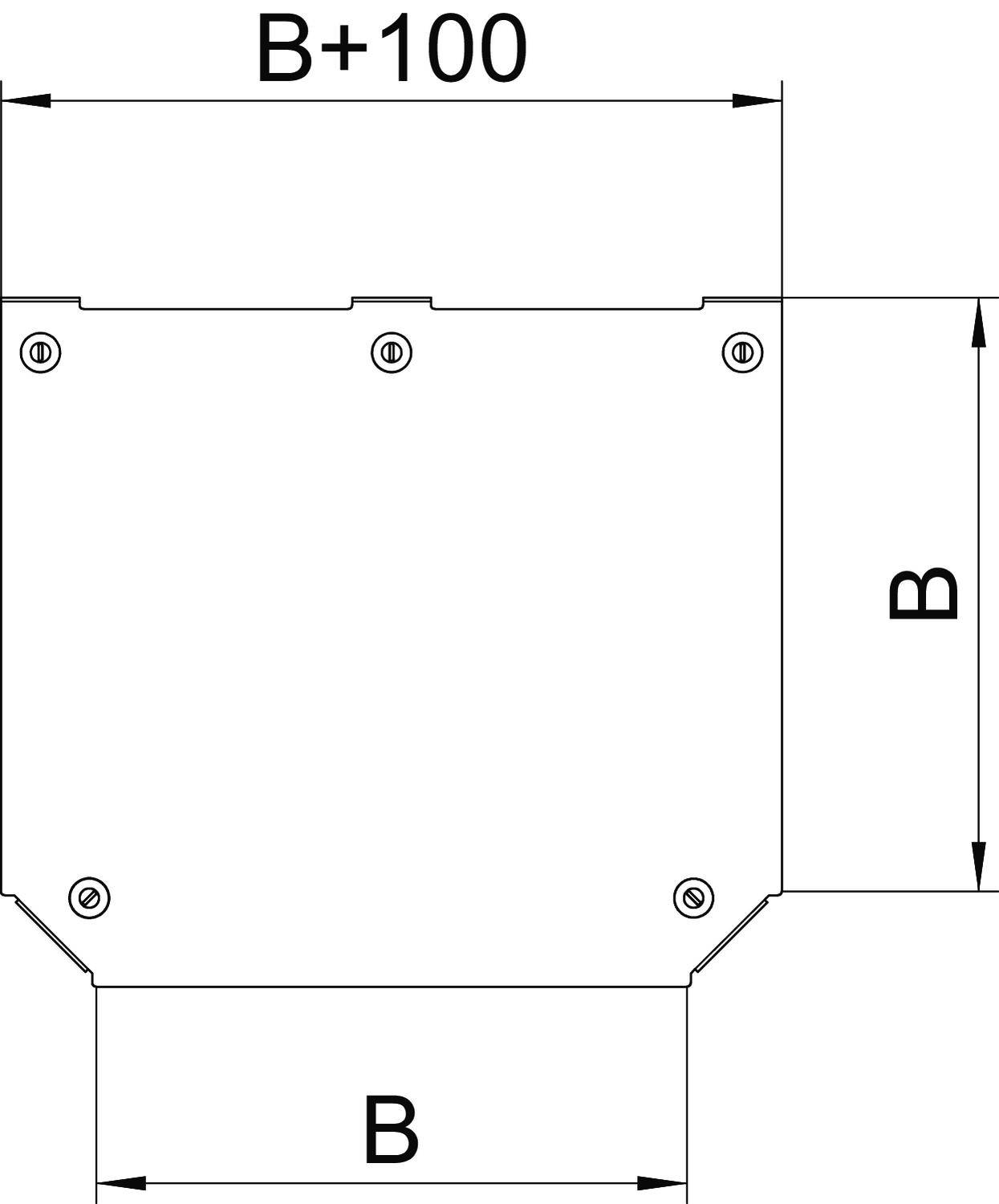 Technische Zeichnung eines rechteckigen Bauteils mit den Maßen 'B' und 'B+100'. Obere Schraubpunkte sind markiert.