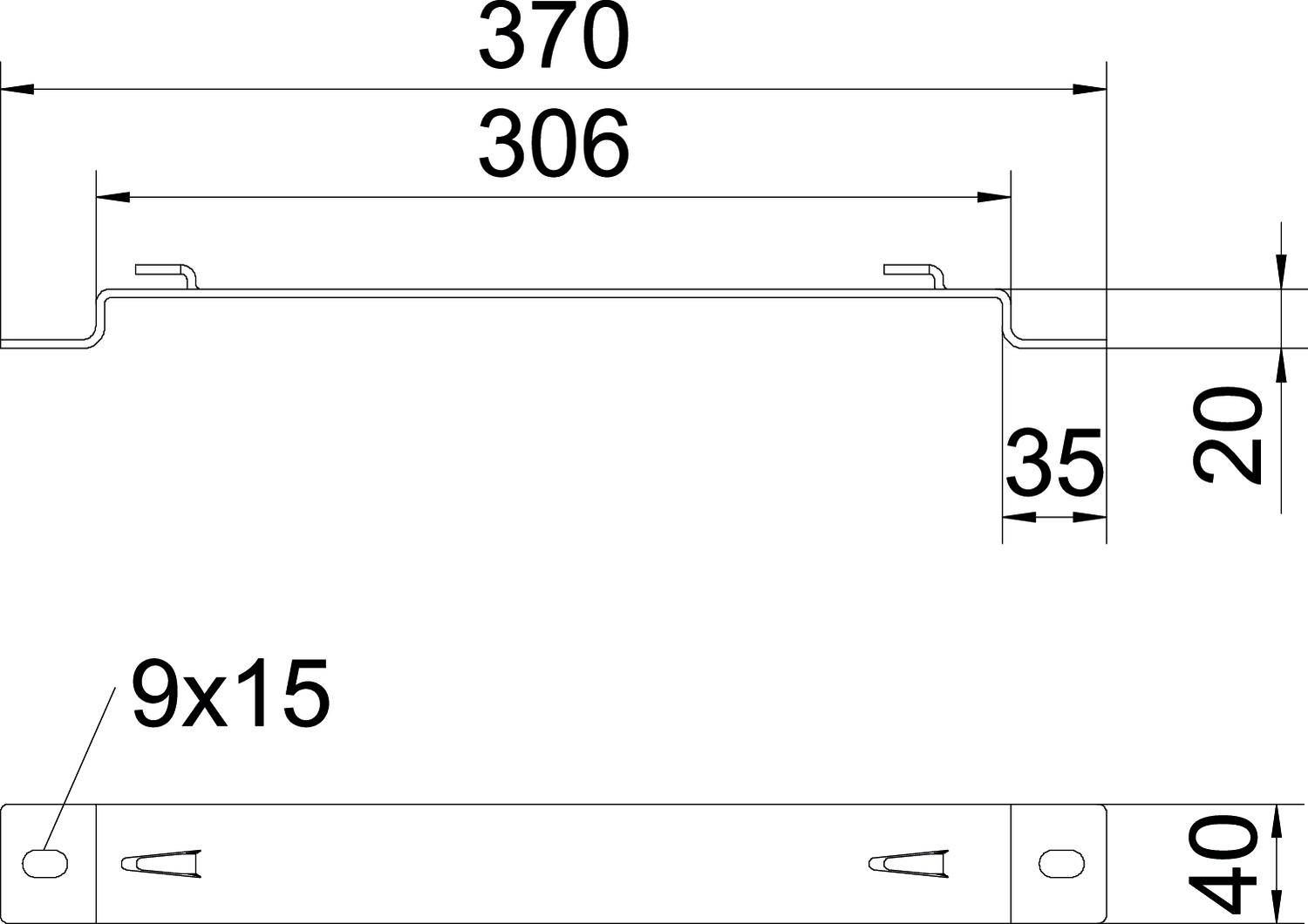 Technische Zeichnung eines Metallteils mit Maßen: 370 mm Breite, 306 mm innere Breite, 35 mm Höhe, 20 mm Tiefe, 9x15 mm Befestigungslöcher.