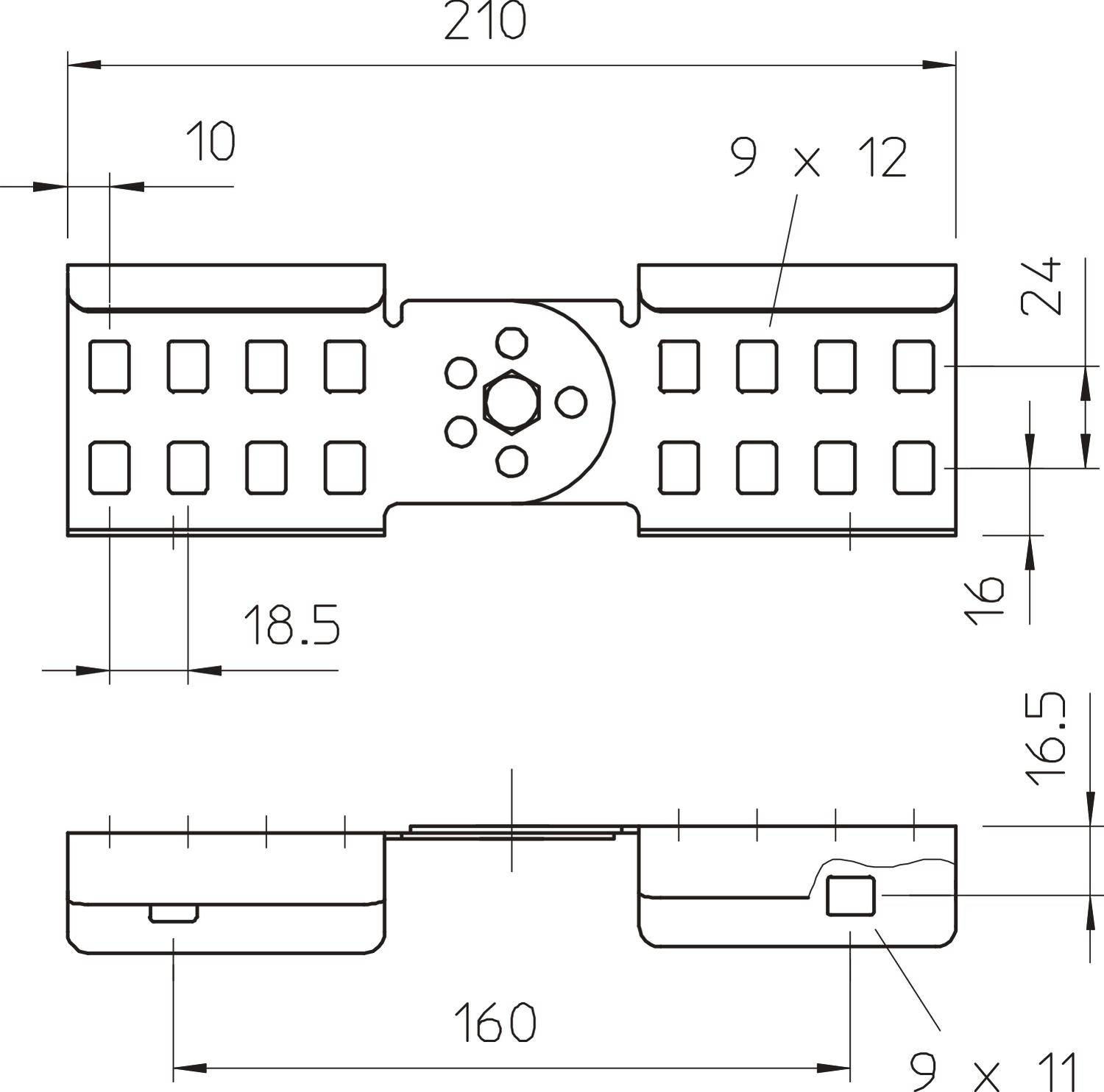 Technische Zeichnung eines Metallteils mit Bemaßungen. Oben: 210 mm Länge, 24 mm Höhe. Unten: 160 mm Länge, 16 mm Höhe. Enthält rechteckige und runde Aussparungen.