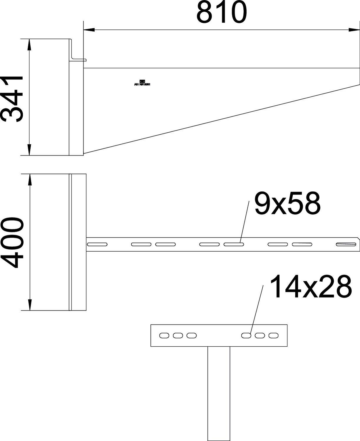 Technische Zeichnung eines Winkels mit Maßen: 810 mm Länge, 341 mm und 400 mm Höhe, Sicht auf Seiten- und Frontal(ansicht). Enthält Lochabmessungen: 9x58 mm und 14x28 mm.