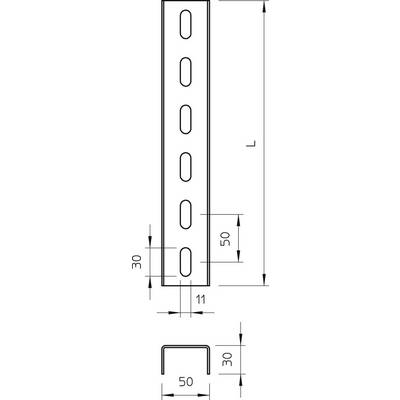 Technische Zeichnung eines U-Profils mit Bemaßungen: Länge L, Breite 50 mm, Höhe 30 mm, Wandstärke 11 mm, mit ovalen Löchern.