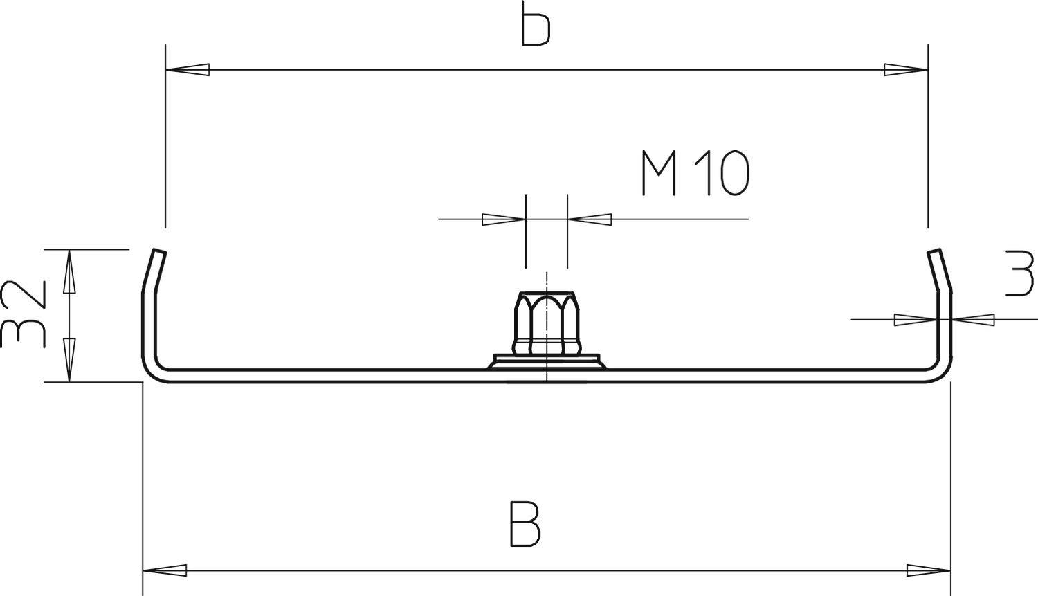 Technische Zeichnung eines Metallprofils mit Biegerändern. Hauptmaße: Breite 'B', Höhe '32', Materialstärke '3', Gewinde 'M10'.