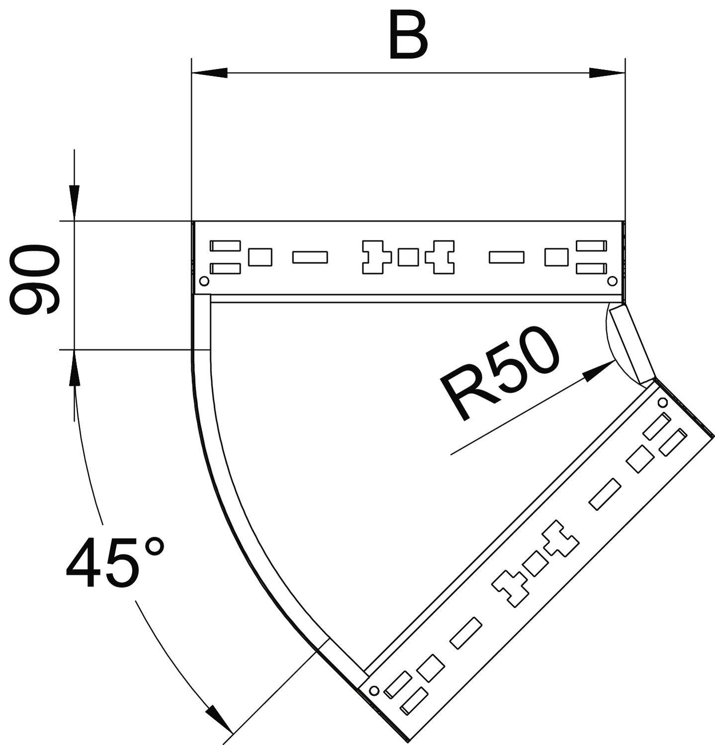 Technische Zeichnung eines gewinkelten Bauteils. Bemaßungen: 90 mm, 45 Grad Winkel, Radius 50 (R50), Breite (B) angegeben.