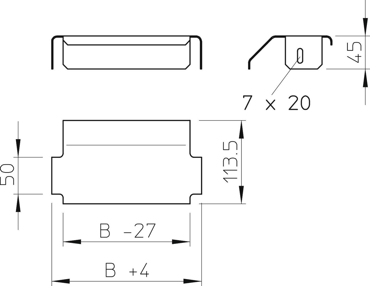 Technische Zeichnung eines Bauteils mit Maßen: Breite 50, Höhe 45, Länge 113,5. Maße 7 x 20. Zwei Ansichten zeigen Form und Details.