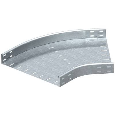 Ein silbernes Kabelrinnen-Eckstück aus Metall, 90-Grad-Winkel, mit Schlitzöffnungen für Kabelverlegung in industriellen Umgebungen.