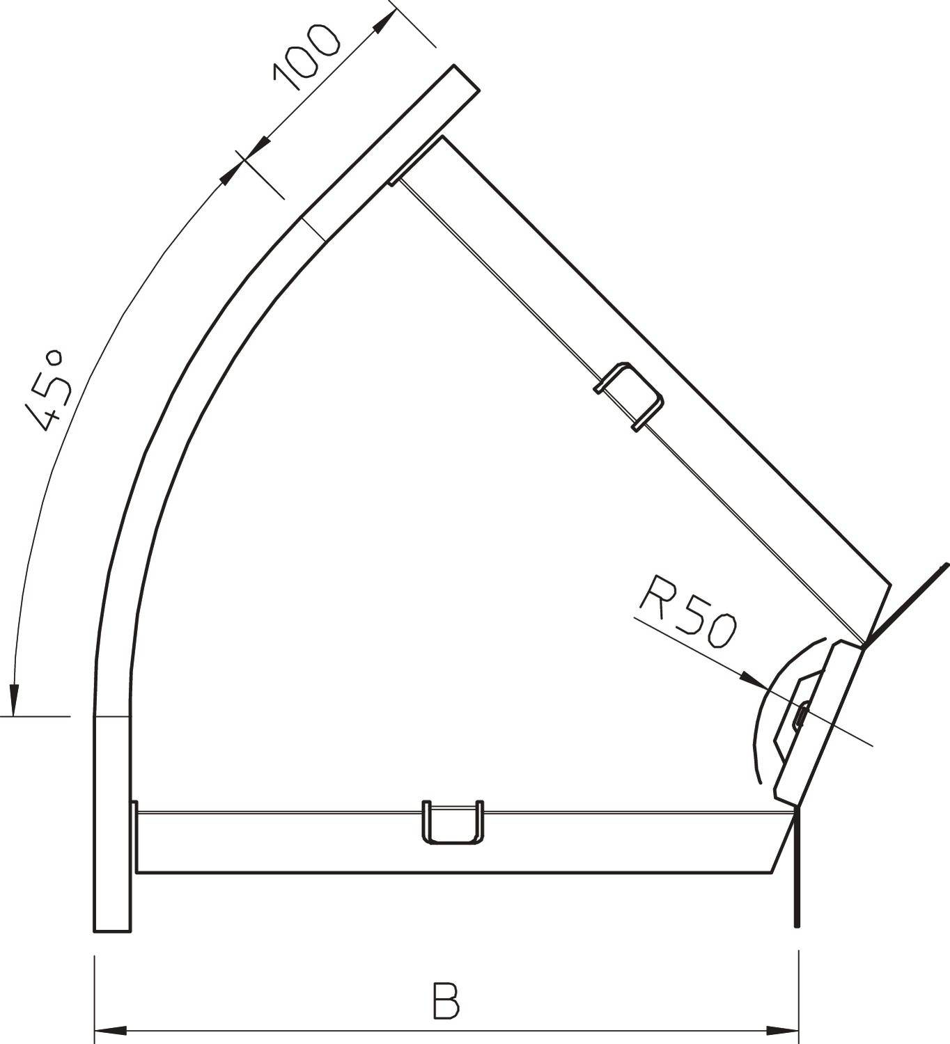 Technische Zeichnung eines Winkels von 45°, gekennzeichnet mit Maßen 100 mm und Radius R50.