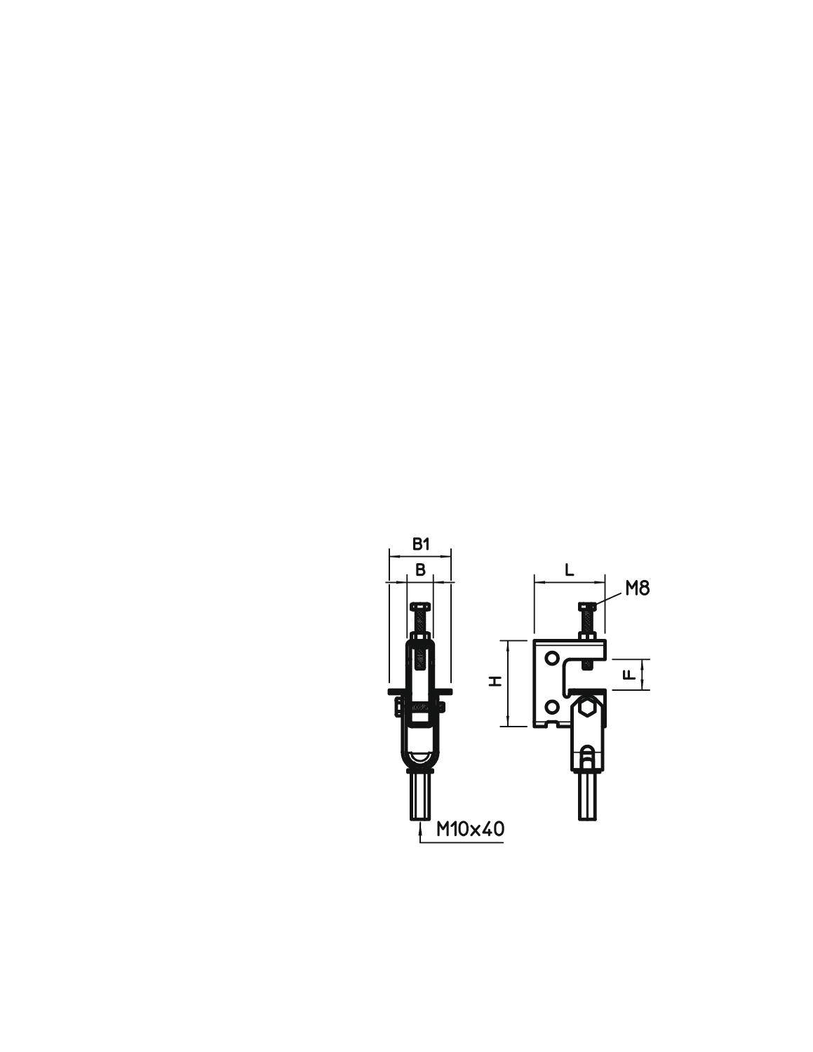 Technische Zeichnung eines Befestigungselements mit Maßen: M10x40, M8. Zeigt Seiten- und Frontalansicht; Details der Struktur.