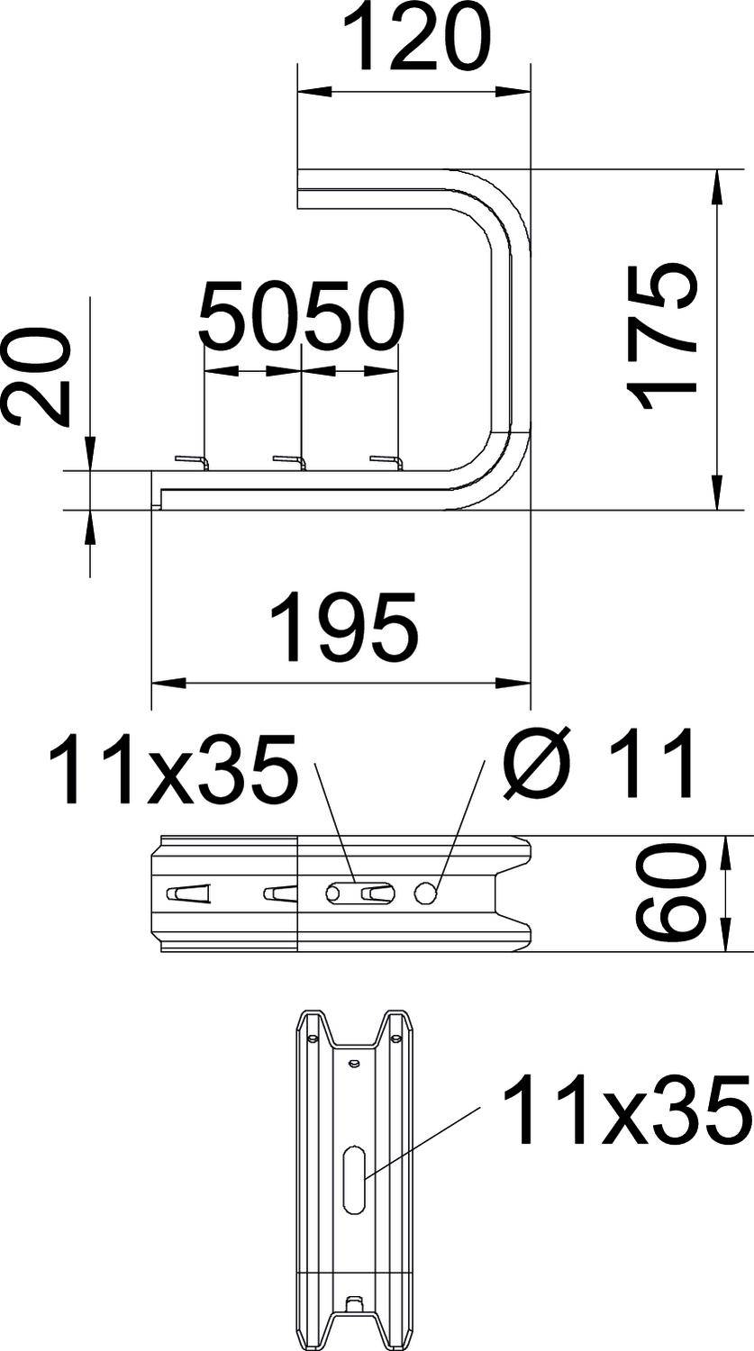 Technische Zeichnung eines Metallprofils, L-Form. Maße: 120x175mm außen, 20mm Breite. Lochgröße: 11x35mm und Durchmesser 11mm.