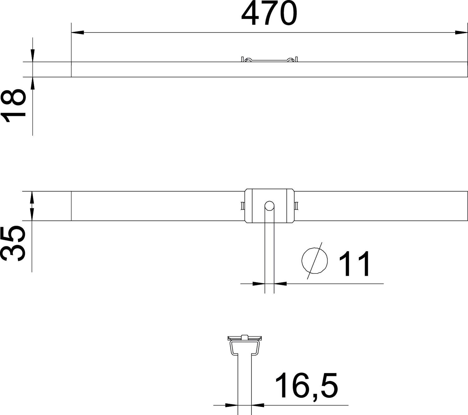 Konstruktionszeichnung eines rechteckigen Objekts mit den Abmessungen 470 mm Länge, 18 mm Höhe und 35 mm Breite. Schraubloch Durchmesser 11 mm.