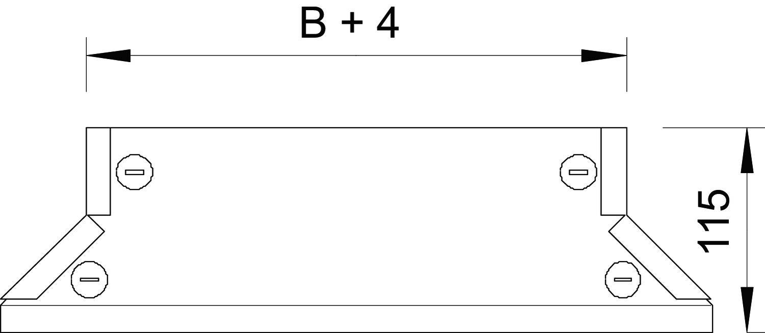 Technische Zeichnung eines rechteckigen Bauteils mit der Breite 'B + 4' und einer Höhe von 115 mm. Schraubenlöcher an den Ecken sichtbar.