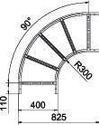 Bauplan eines Treppenabsatzes mit 90-Grad-Bogen. Angezeigte Maße: Radius 300 mm, Breite 400 mm, Gesamtbreite 825 mm, Höhe 110 mm.