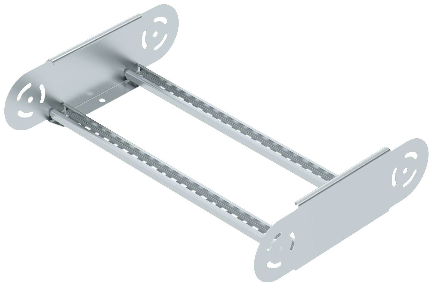Ein silbernes, verstellbares Metallgestell mit zwei parallel verlaufenden Schienen, geeignet zur Befestigung oder Aufstellung von Geräten.