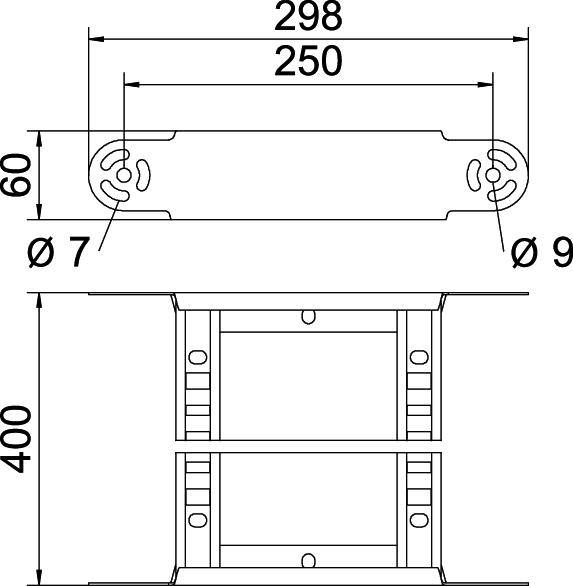 Technische Zeichnung eines Bauteils mit Maßen: Breite 298 mm, Tiefe 250 mm, Höhe 60 mm, Löcher mit Ø 7 mm und Ø 9 mm.