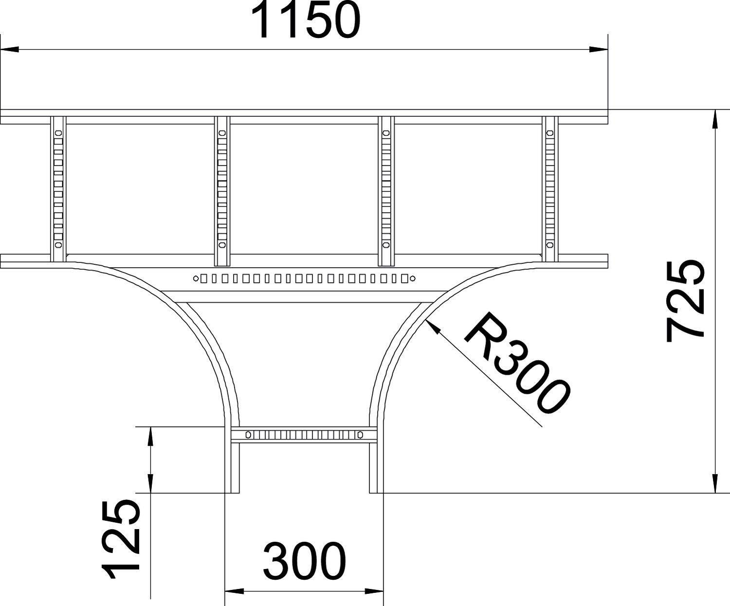 Technische Zeichnung eines Querschnitts einer Metallträgerkonstruktion. Maße: Breite 1150 mm, Höhe 725 mm, Bogenradius R300 mm.