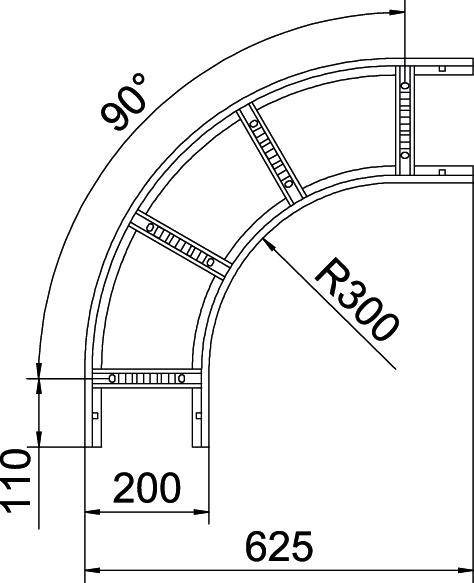 Technische Zeichnung eines Kreissegmentes mit einem Radius von 300 mm, einem 90-Grad-Winkel und einer Breite von 110 mm.