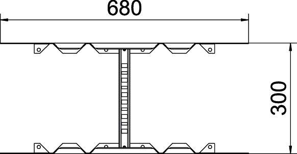 'Technische Zeichnung einer Struktur mit Maßen: 680 mm Breite und 300 mm Höhe. Darstellung von Schnittansicht und Details des Innenaufbaus.'