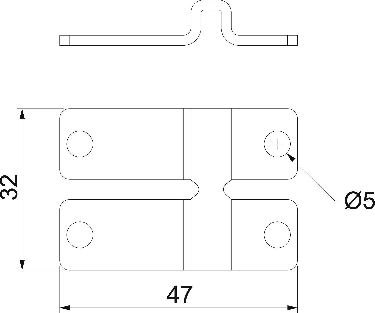 Technische Zeichnung eines Metallbauteils mit den Maßen 32 mm x 47 mm. Zeigt Bohrungen Ø5 mm und eine gebogene Kante oben.