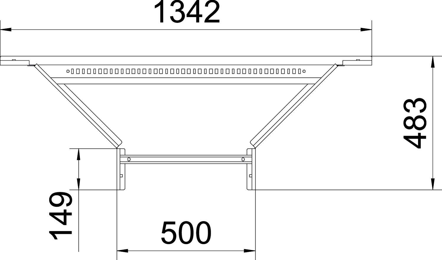 Technische Zeichnung eines Trägers mit den Abmessungen: Gesamtlänge 1342 mm, Höhe 483 mm, Breite 500 mm, Basisbreite 149 mm.