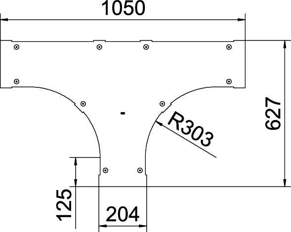 Technische Zeichnung eines Bauteils mit Maßen: 1050 mm Breite, 627 mm Höhe. Radius R303, weitere Maße: 125 mm und 204 mm.