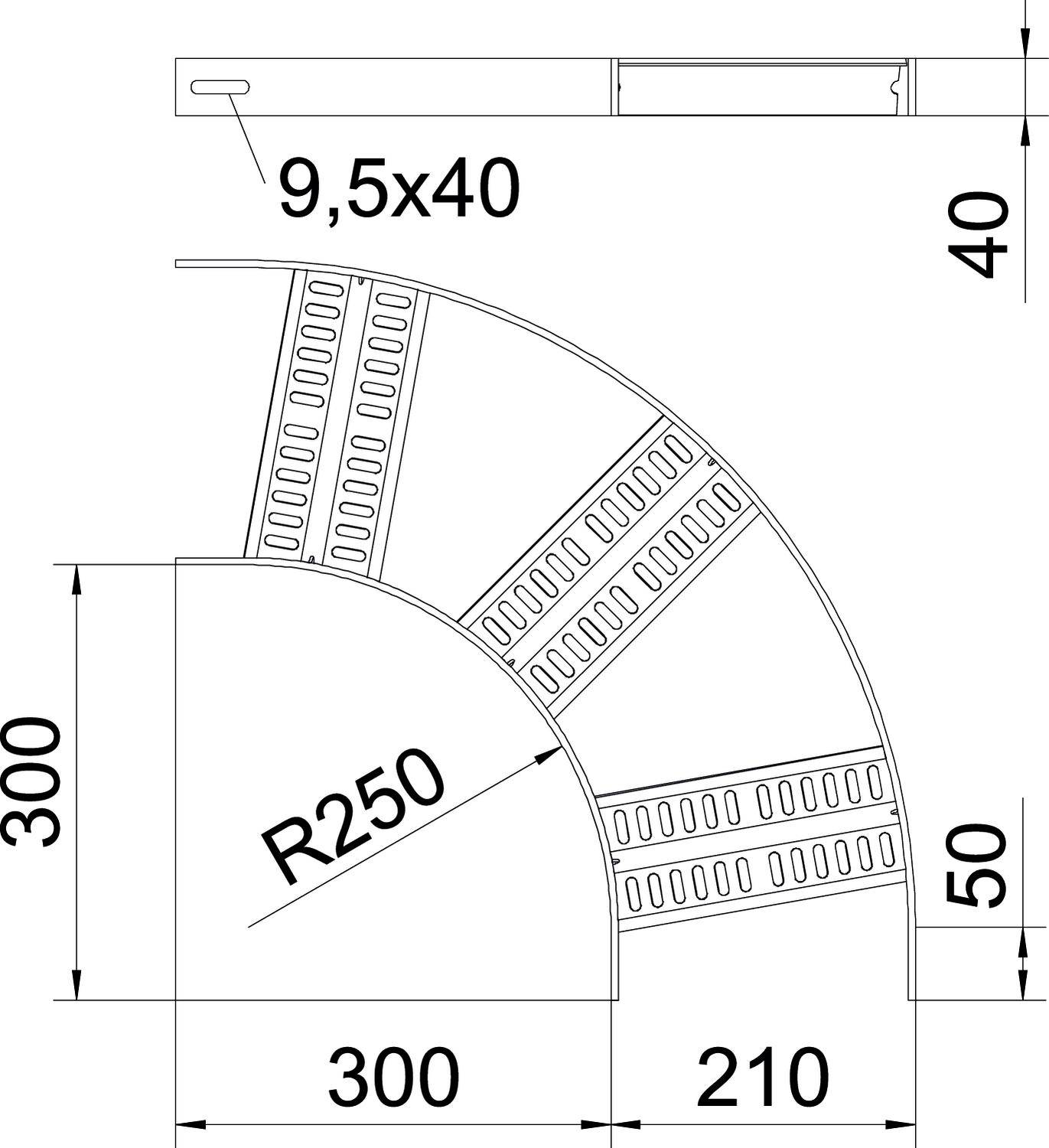 Diagramm zeigt eine gewölbte Metallstruktur mit den Maßen '300x300' und einem Radius von 'R250'. Eine Detailansicht zeigt ein längliches Element '9,5x40'.