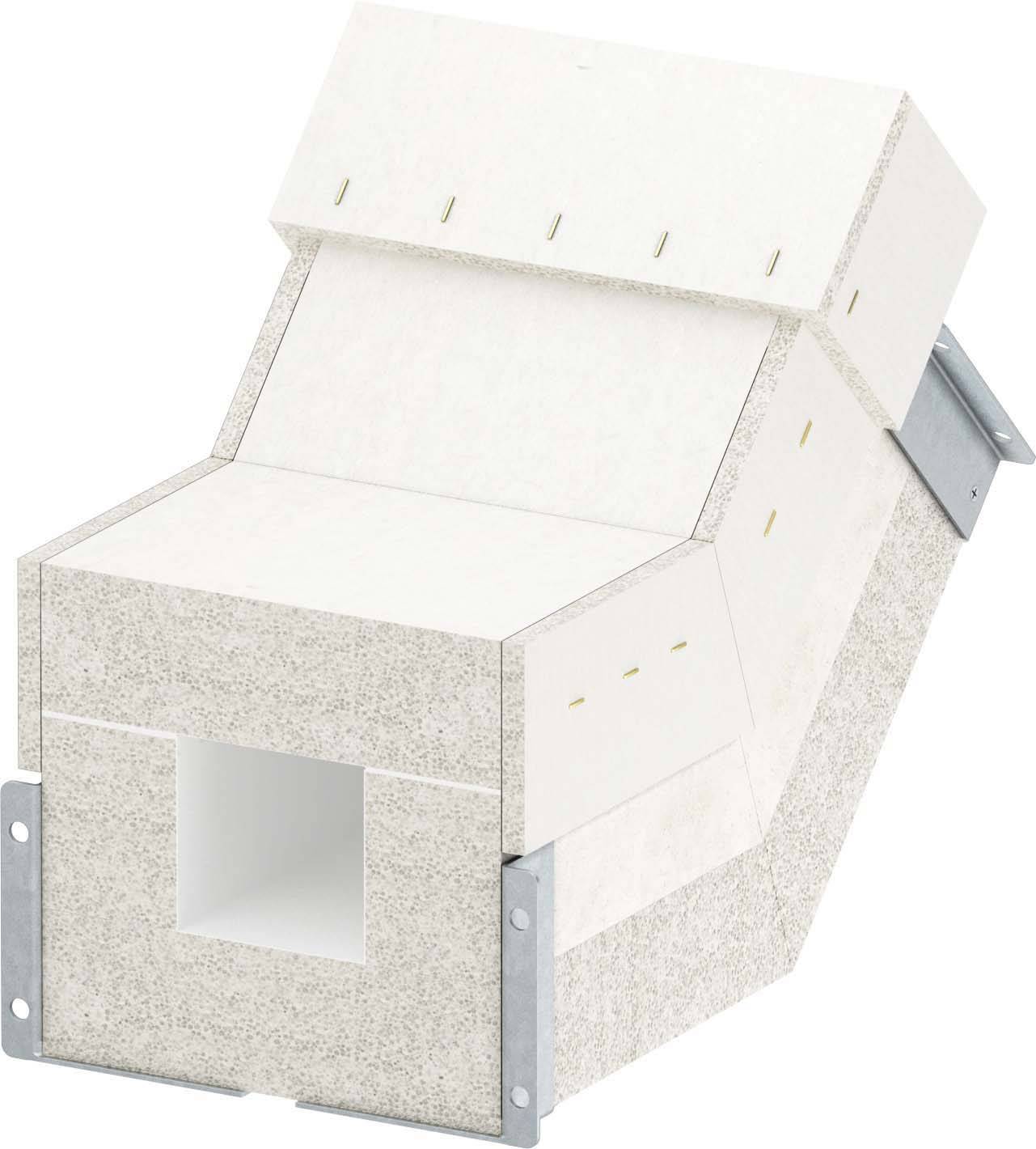 Kabelkanal aus weißem Material mit Metallhalterungen, in angewinkelter Form für die Wandmontage.