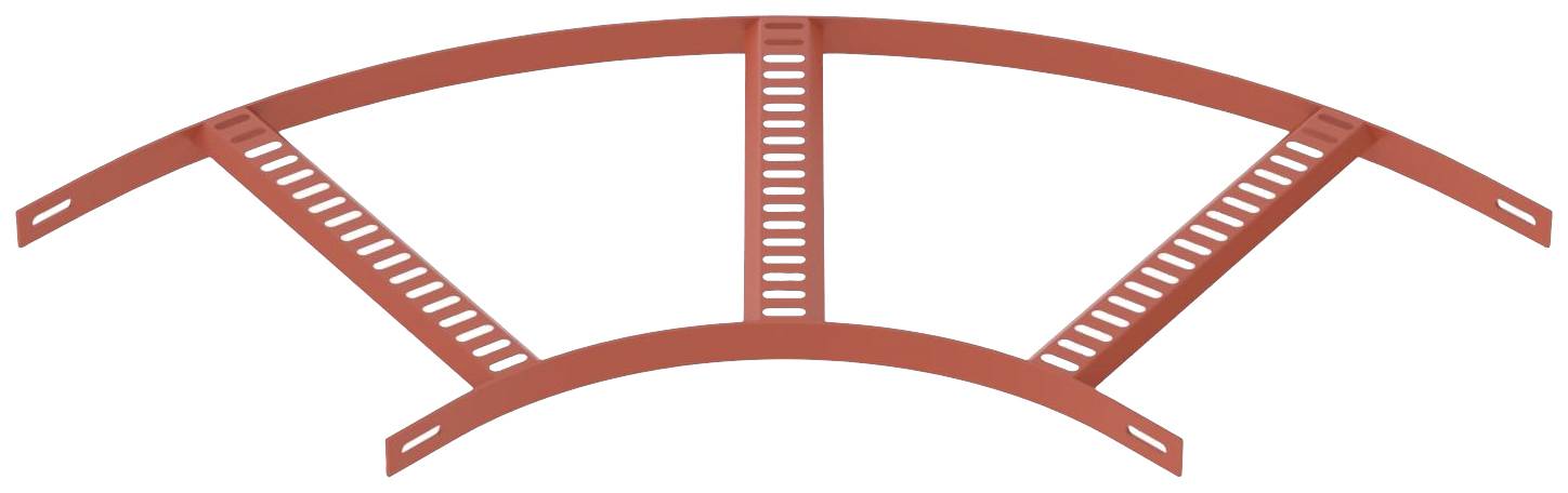Ein rotes Kabelpritschen-System in gebogener Form, bestehend aus drei parallelen Leitern, die durch Querstreben verbunden sind.