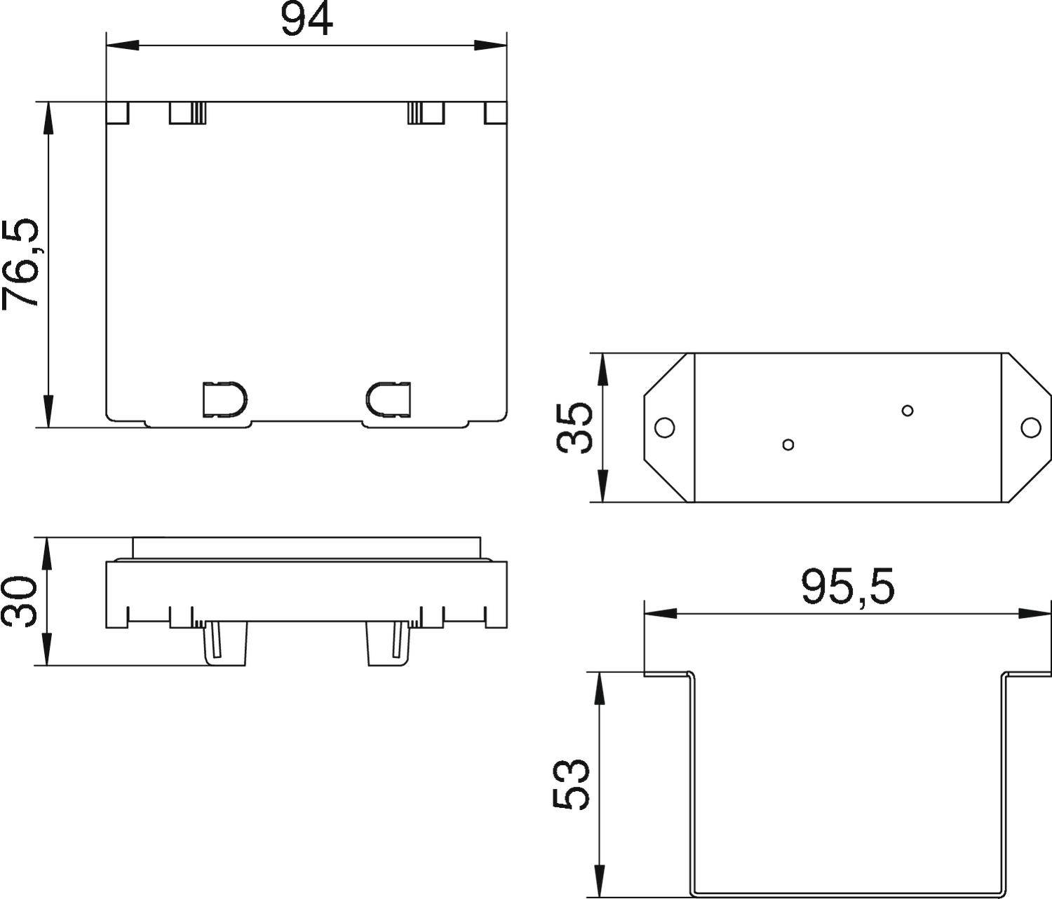 Technische Zeichnung eines rechteckigen Bauteils mit Maßen: 94 x 76,5 x 30 mm, Seitenansicht 35 mm, Bodenansicht 95,5 x 53 mm.