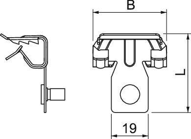 Technische Zeichnung einer Halterung mit Seiten- und Vorderansicht. Maße: Breite (B) und Höhe von 19 mm angegeben.
