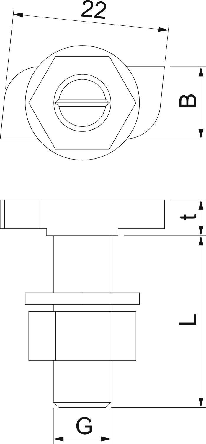 Technische Zeichnung eines Bolzens mit Sechskantkopf. Oben: Seitenansicht mit Maßen 22 und B. Unten: Vorderansicht mit Maßen G, L und t.