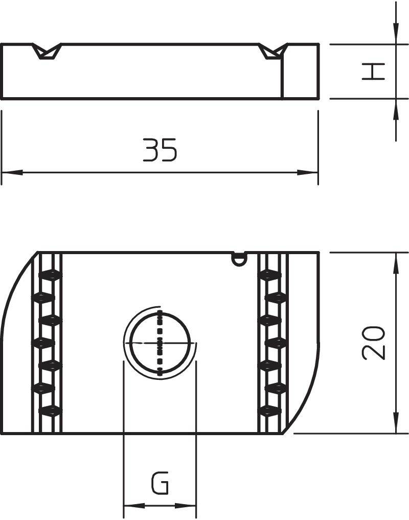 Technische Zeichnung eines Bauteils mit Maßen. Oben: Breite 35, Höhe H. Unten: Höhe 20, Breite G. Konstruktionslinien zeigen Ansichten.