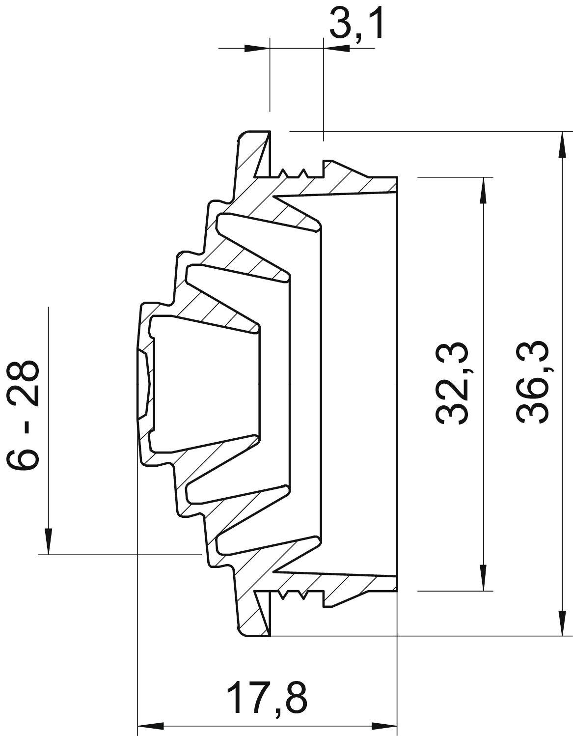 Technische Zeichnung eines Zahnrads im Querschnitt, mit Maßangaben: Breite 3,1 mm, Höhe 32,3 mm, Durchmesser 17,8 mm und Tiefe 36,3 mm.