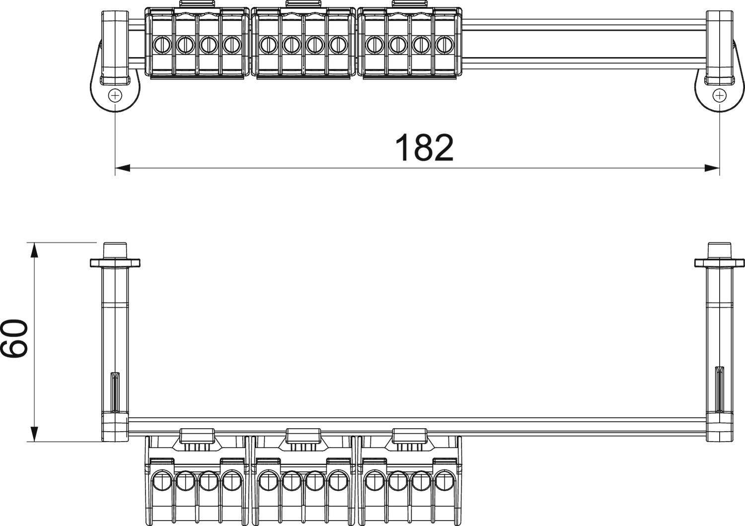 Technische Zeichnung eines elektrischen Verteilers mit Abmessungen: Länge 182 mm, Höhe 60 mm. Zeigt Bauteile und Anschlüsse.